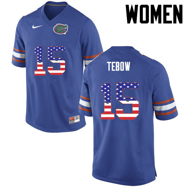 Women Florida Gators #15 Tim Tebow College Football USA Flag Fashion Jerseys-Blue